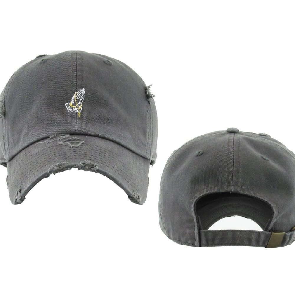 Praying Hands Rosary Gray Dad Hat Distressed Style